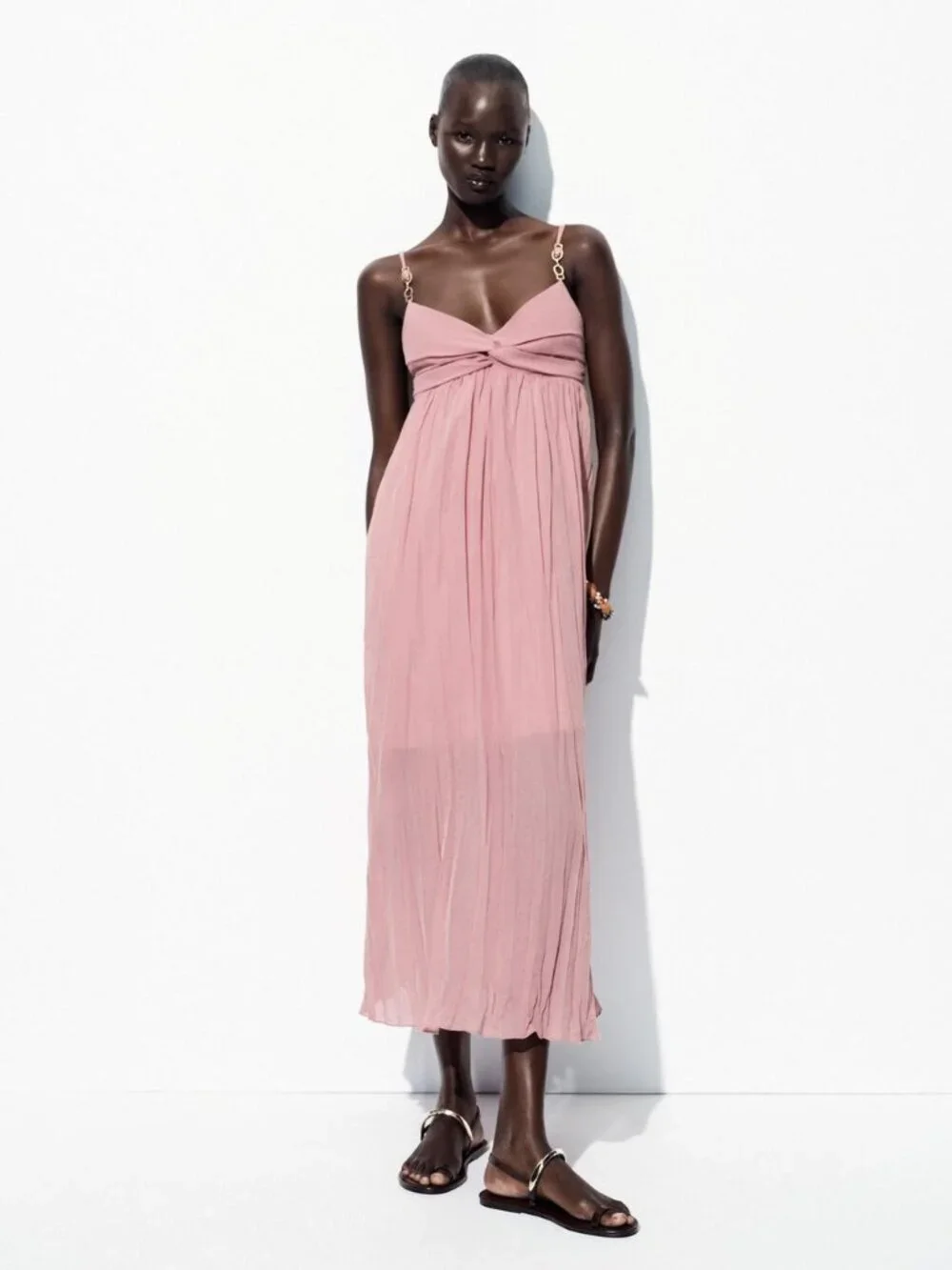 New Zara Thin Metal/Stone Straps V-Neck Pleated Fabric Marsala Midi Dress Small